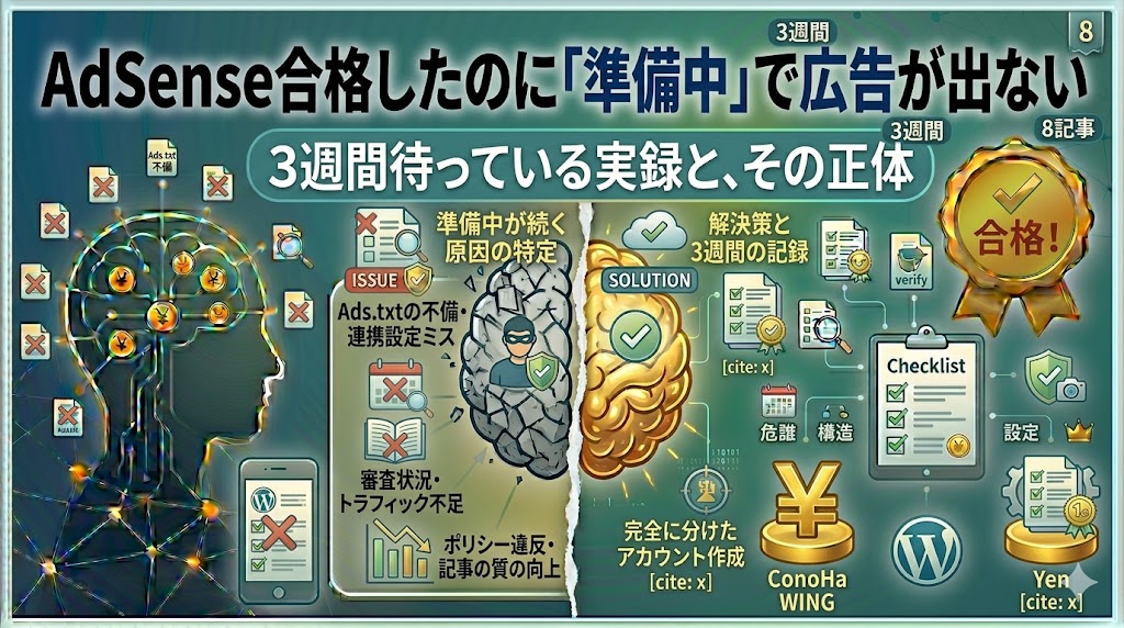 AdSense管理画面でfukunist.comが「準備中」ステータスになっている画面。所有権の確認と審査待ちはどちらも緑のチェック済み